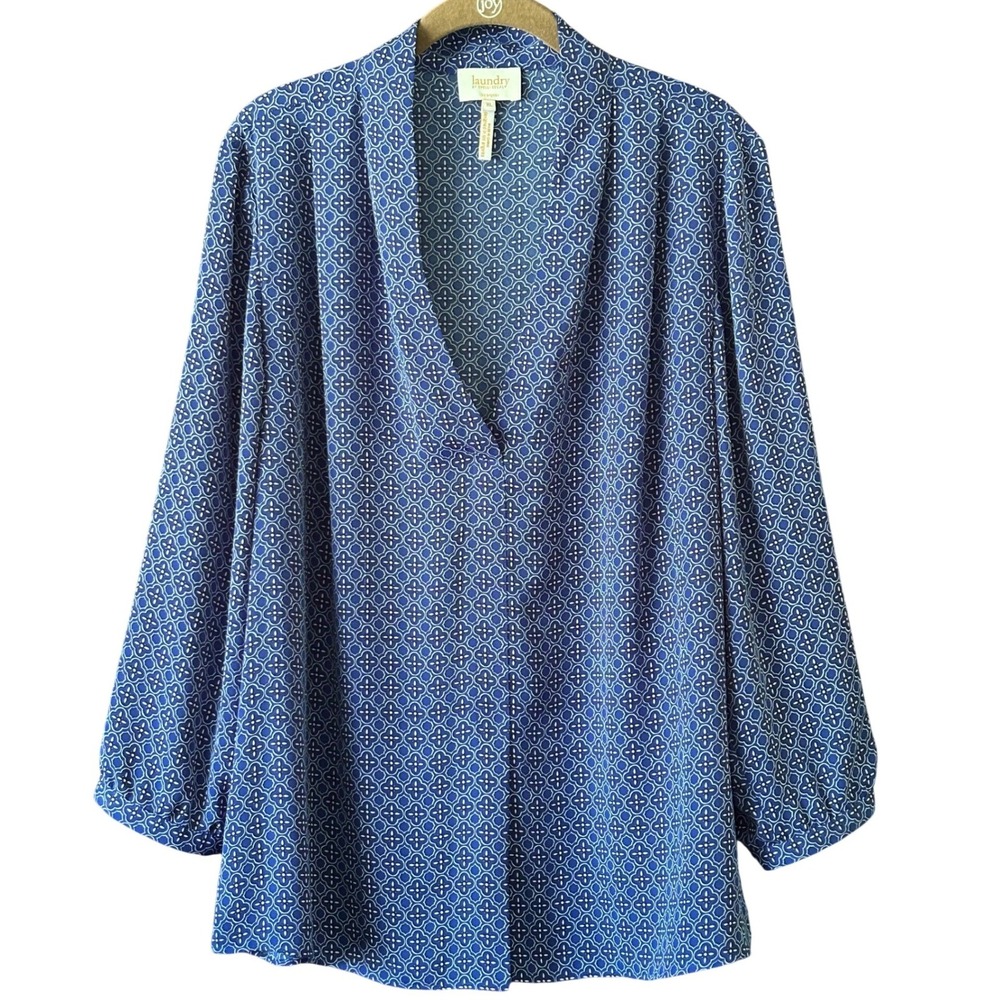 Laundry by Shelli Segal Womens V-Neck Tunic Blouse Long Sleeve Royal Blue XL
